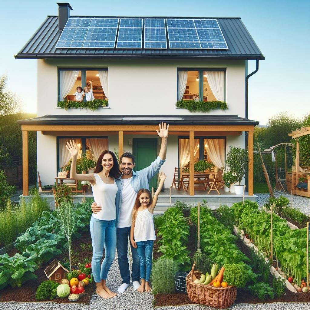A family smiling and waving from their renovated energy-efficient home surrounded by a thriving vegetable garden.