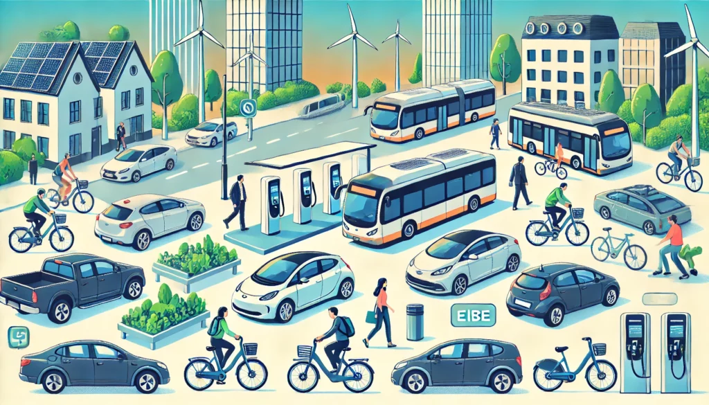 City with sustainable transportation options including electric cars, biking, and public transit