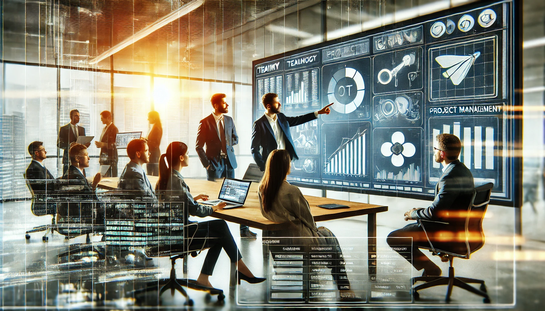 A-team-of-IT-professionals-in-a-modern-office-setting-collaborating-over-project-management-software-on-a-large-screen.-The-scene-captures-teamwork