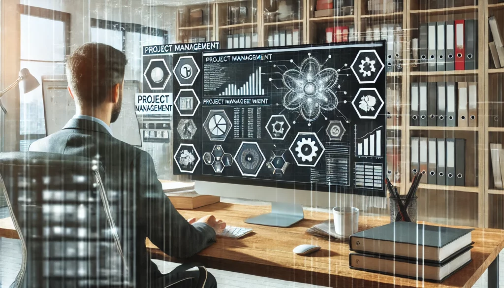 An IT professional working on a computer with various project management software tools open on the screen, with shelves of technical books and a whiteboard with project notes and diagrams in the background, illustrating the use of tools and technologies in IT project management.
