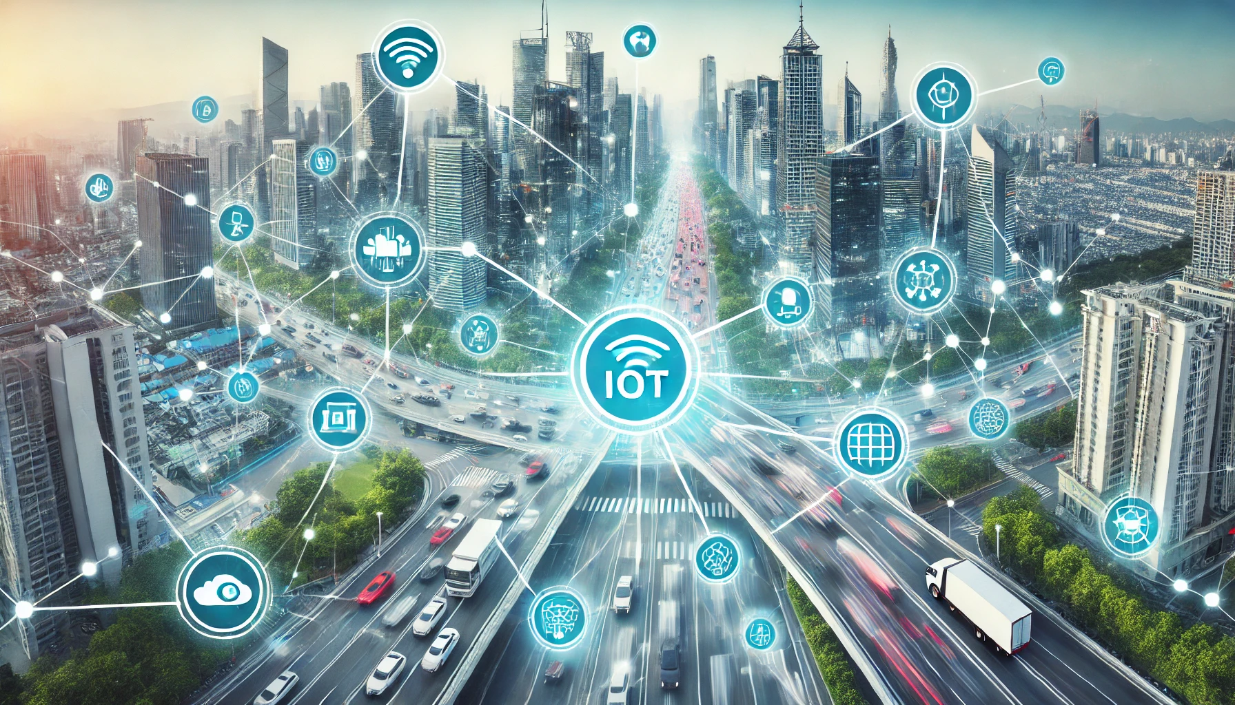 A-smart-city-with-interconnected-IoT-devices-AI-powered-traffic-management-and-environmental-sensors.-Show-traffic-signals-surveillance-cameras-an