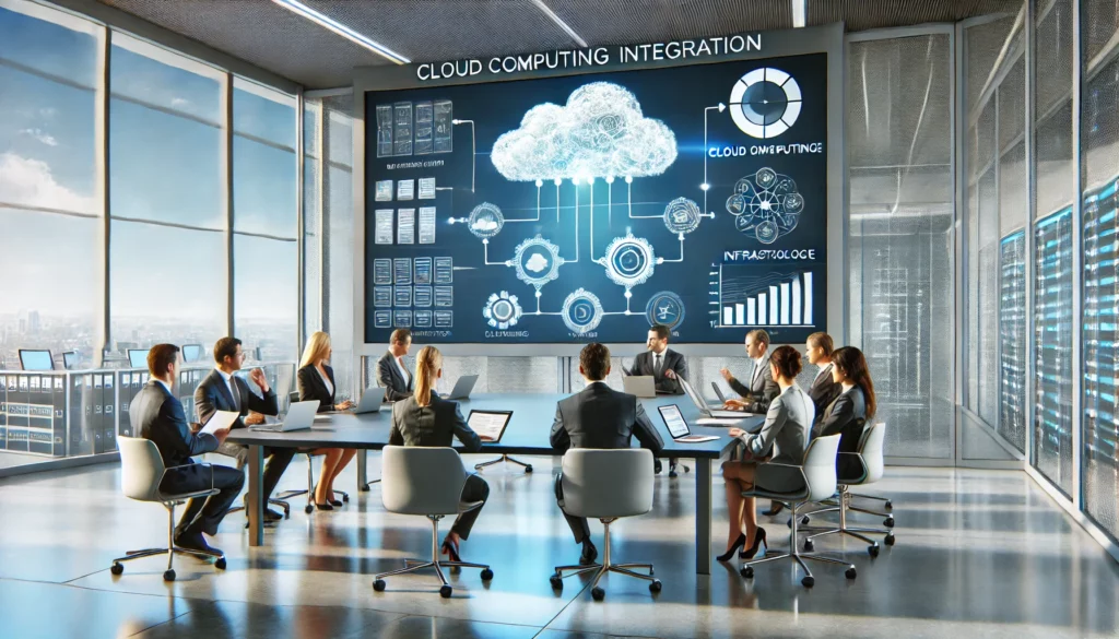 A high-definition, ultra-realistic image showing a futuristic cityscape with visible cloud computing elements. The image should depict digital data flows connecting buildings, with holographic cloud icons floating above the structures. The overall design should blend urban modernity with advanced technology themes