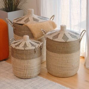 Double Gift Seaweed Clothes Basket Storage Basket Three Piece Set, Large Fruit Basket, Vegetable, Potato Storage Gift Basket, Stackable, Organize And Store Bath Towels, Toiletries, Etc., Keep The Bathroom Clean And Orderly