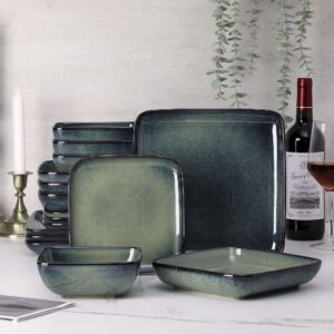 16 Piece Dinner Set Green Square Kiln Change Glaze Tableware Kitchen Dinnerware Ceramic Crockery Set for 4 Person