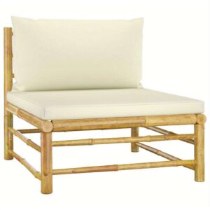 Outdoor Bamboo Patio Sofa with Cream White Cushions – Modular, Sturdy & Weatherproof Garden Terrace Furniture
