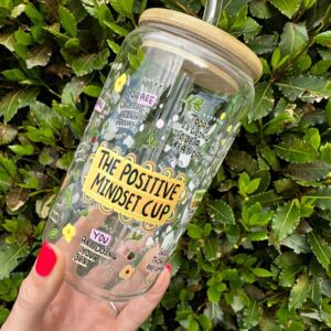 🧘♀️ Positive Mindset 16oz Glass Tumbler with Lid & Straw – Reusable Eco-Friendly Drink Tumbler | Sustainable Coffee Mug for Iced Coffee, Juice, Milk & Beer (Hand Wash Only)