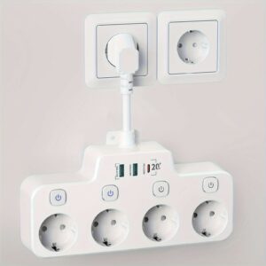 1pc Multi Outlet Power Strip With USB, 4-Way Multi Socket Adapter AC 250V/16A, Separate Switchable Outlet Adapter With 2 USB Ports And 1 Type-C Port, Wall Mounting Fast Charging Power Strip, Multiple Plug With Flexible Cable, For Home, T ravel Office