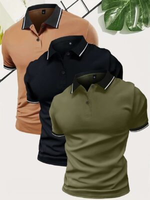 🏌️♂️ 3-Pack Men's Golf Shirts – Breathable Regular Fit Short Sleeve T-Shirts | V-Neck Casual Summer Shirts with Buttons (Solid Color, Stretch Fabric)