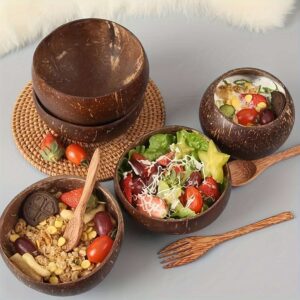 Handmade Coconut Bowl Set of 6 - Natural Log Material, Includes 4 Coconut Bowls, 1 Wooden Spoon, 1 Wooden Fork - Eco-Friendly, Reusable Salad & Smoothie Bowl Kit for Kitchen & Dining