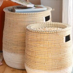 Two Piece Covered Circular Seaweed Clothing Basket, Seaweed Storage Basket, Large Basket Of Fruits, Vegetables, Potatoes Storage Gift Basket, Stackable, Organizing And Storing Towels, Toiletries, Etc., Keeping The Bathroom Clean And Orderly