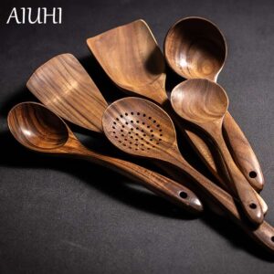 🍴 6pcs Wooden Kitchen Utensil Set – Eco-Friendly Cooking Spoons & Tools | Sustainable Wooden Spatula, Ladle, Spoon & More for Home & Restaurant Use