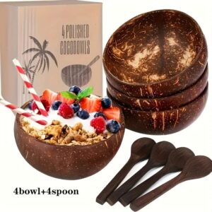 4 Coconut Bowls + 4 Coconut Spoons – Eco-Friendly & Handcrafted for Natural Dining