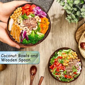 4-Piece Eco-Friendly Natural Coconut Bowls Set with Wooden Spoons - Reusable Handcrafted Salad, Soup, Noodle Serving Bowls - Vegan, Non-Toxic, Heat-Resistant Kitchen Tableware Accessories