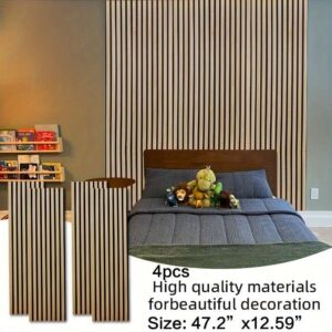 4pcs Eco-Friendly Wood 3D Wall Panels, Self-Adhesive Modern Textured Wall Planks for Interior Decor, Grooved Acoustic Sound-Absorbing Board