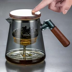 Elegant Glass Teapot With Walnut Handle - One-Click Brew & Filter, Perfect For Loose Leaf Tea - Ideal For Home, Office, Restaurants - Great Gift For Holidays Tea Pot Tea Cup Set