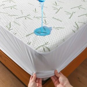 100% Bamboo Fiber Waterproof Mattress Protector – Cooling & Breathable Knitted Pad Cover (250gsm) – Soft 3D Air Layer Bed Cover for Comfortable, Dry Sleep