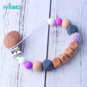 Free Personalized Name Handmade Silicone Wooden Pacifier Clips Safe Teething Chain Baby Teether Eco-friendly Dummy Clips Holder