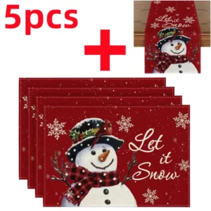 5PCS Linen Christmas Table Placemats 30*45cm Christmas Trees Snowmen Print Dining Table Mats 2024 Xmas Party Table Runner Pads