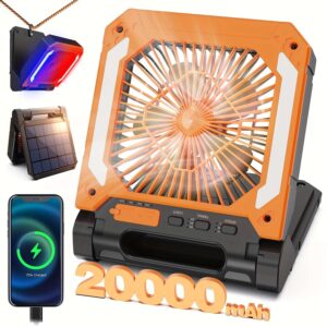 20000mAh Rechargeable Solar Powered Portable Fan With Led Lantern, 3 Speeds Cordless Battery Operated Camping Fan With PowerBank, Timer, Hangble & Quiet Desk Fan For Tent Hurricane Worksite (Orange)