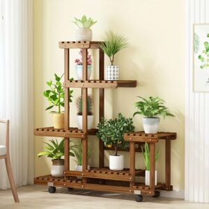 🪴 6-Tier Wood Plant Stand – Vertical Charred Pine Plant Rack with Wheels | Vintage Style Indoor & Outdoor Plant Shelf for Home, Patio, Garden & Balcony (Easy Assembly)