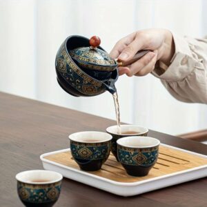 7pcs Of 1 Set, Matcha Sets, 360° Rotating Somersault Teapot, Tea Lazy Kung Fu Travel Set, Portable Tea Maker, 4 Cups, 1 Teapot, 1 Tea Tray And 1 Travel Bag, Glassware & Drinkware