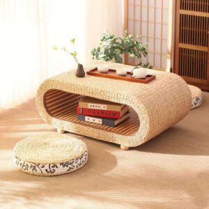 Vintage Hand-Woven Rattan Tatami Coffee Table - Authentic Japanese Style Low Tea Table with Solid Wood Board and Bamboo Frame - Eco-Friendly Hardwood Sled Base End Table for Sunroom, Balcony, Floor Seating Without Electricity
