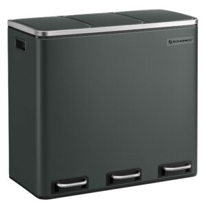 3 Bins Recycling Bin, 3 x 18L, 3 Compartment Bin, Slow Close Lid, with Inner Buckets and Handles, for Kitchen, Black by SONGMICS