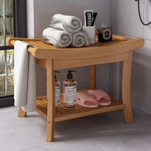 Bamboo Bathroom Shower Bench with Storage Shelf - Eco-Friendly High-Density Sturdy Bath Seat with Armrests and Anti-Slip Feet - Versatile and Convenient for Living Room, Bathroom, and Entryway - 1 Piece