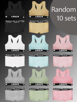Random 10 Sets Girl's Cute Polka Dots & Letter Print Training Bra & Boxer Pants, Comfy & Breathable Cotton Underwear Set For 10-11 Years, All Season Wearing