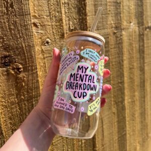 🥤 “My Mental Breakdown” 16oz Glass Tumbler with Lid & Straw – Reusable Letter Print Cup