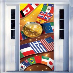 International Sports Competition First Place Medal Polyester Banner - 1 Pc, Multinational Flags Door Cover, Party Hanging Banner for Entryway & Room Decoration, General Fit Occasions Without Electricity - Multipurpose Holiday Decor and Party Supplies