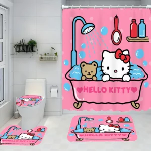 Sanrio Hello Kitty Bathroom Four-Piece Set - Avant-garde Waterproof Shower Curtain, creating a complete bathroom kit