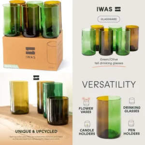 Upcycled Tall Drinking Glasses 400ml 13.53oz Set of 6 - Sustainable Water and Cocktail Glasses for Home Environment Friendly