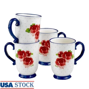 Heritage Floral Coffee Mug Set 4-Piece Stoneware Tea Cups Dishwasher Microwave Safe Rustic Kitchen Gift