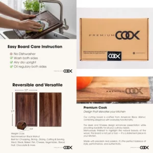 Sustainable Hardwood American Black Walnut Reversible Chopping Board with Juice Grooves, 17x11x0.8 inches, Ideal for Serving and