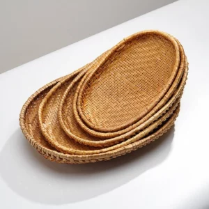 3pcs Bamboo Basket Tray Wicker Bread Basket Natural Handmade Woven Fruit Basket Flat Shallow Vegetables Serving Basket Holder
