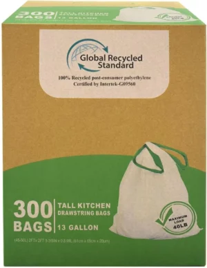 300 Count 13 Gallon Tall Kitchen Trash Bags, Eco-Friendly Recycled Material, Drawstring Closure