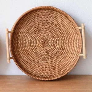 Handwoven Rattan Tray & Food Storage Basket | Eco-Friendly Kitchen Organizer with Lid, Farmhouse Home Decor