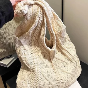 Vintage Knitting Bag 5 Colors Ladies Handbag Vintage Knit Tote Bag Wool Versatile Shoulder Bag For Shopping Daily Work School