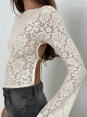 Women s Lace-Up Backless Long Sleeve Sheer T-Shirt with Crew Neckline - Sexy Clubwear  Fit See-Through Top