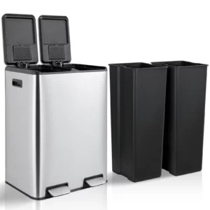 60L/16 Gal Dual Trash Can Stainless Steel Step Garbage Can w/Built-in Filter Box Kitchen Garbage Bin Recycle Waste Dustbin